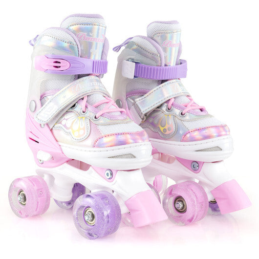 Kids Roller Skates 4 Sizes Adjustable Quad Skates with Light-up Wheels and Safety Protection-Rose Red W2B