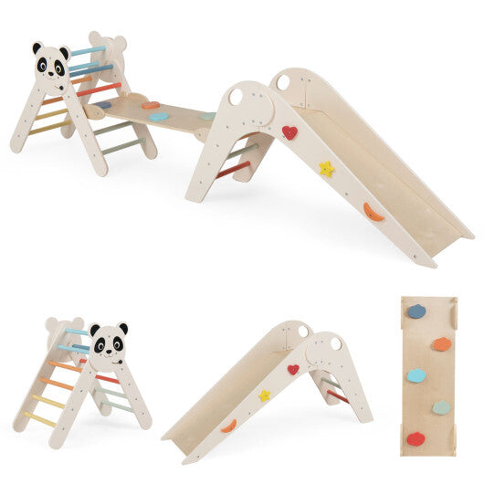 Triangle Set Foldable Kids Climbing Toys Panda-Themed Wood Montessori Climbing Set-Macaron W2B