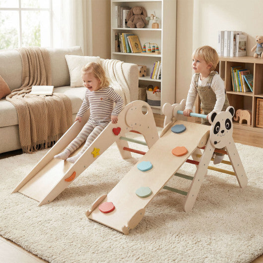 Triangle Set Foldable Kids Climbing Toys Panda-Themed Wood Montessori Climbing Set-Macaron W2B