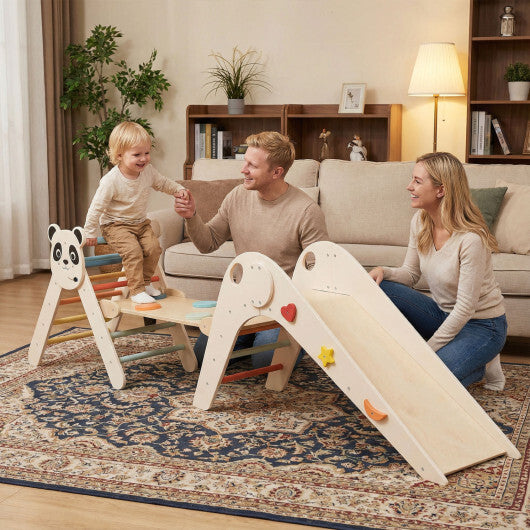 Triangle Set Foldable Kids Climbing Toys Panda-Themed Wood Montessori Climbing Set-Macaron W2B