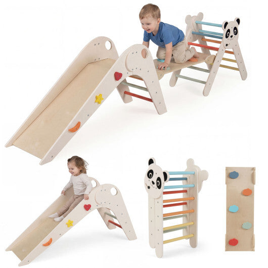 Triangle Set Foldable Kids Climbing Toys Panda-Themed Wood Montessori Climbing Set-Macaron W2B