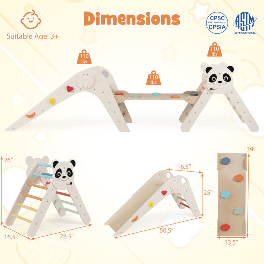 Triangle Set Foldable Kids Climbing Toys Panda-Themed Wood Montessori Climbing Set-Macaron W2B