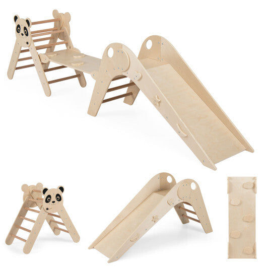 Triangle Set Foldable Kids Climbing Toys Panda-Themed Wood Montessori Climbing Set-Macaron W2B
