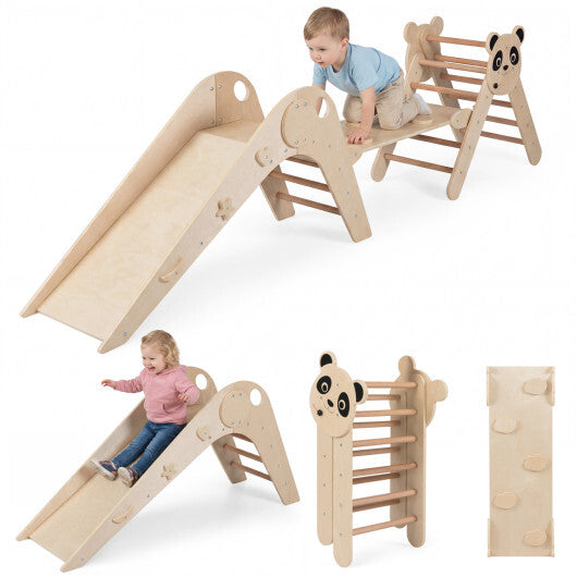 Triangle Set Foldable Kids Climbing Toys Panda-Themed Wood Montessori Climbing Set-Macaron W2B