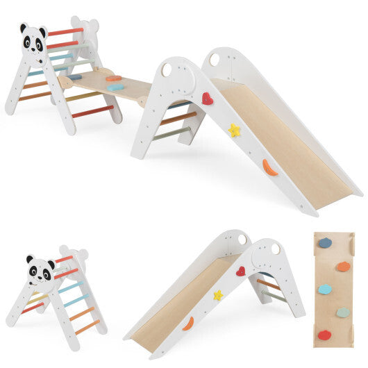 Triangle Set Foldable Kids Climbing Toys Panda-Themed Wood Montessori Climbing Set-Macaron W2B