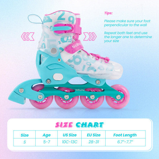 4-Size Adjustable Kids Inline Skates for Beginners Ages 5-7-Blue and Pink W2B