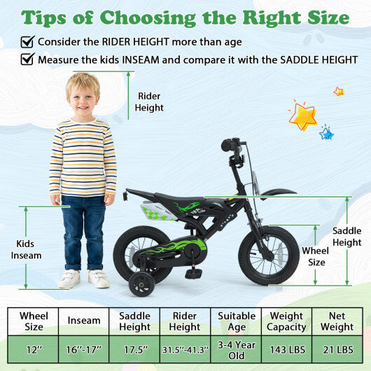 12 Inch Kids Bike Motorcycle-Inspired for Boy Girl Ages 3-4 Years-Black W2B