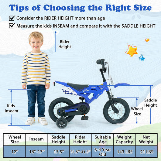 12 Inch Kids Bike Motorcycle-Inspired for Boy Girl Ages 3-4 Years-Black W2B