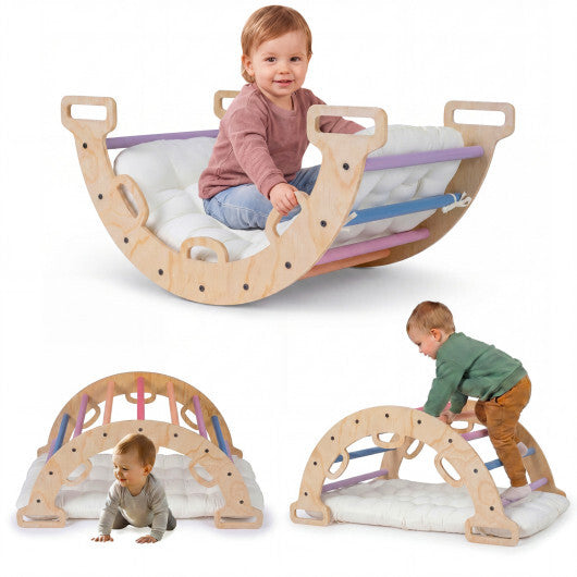 Wooden Rocking Climbing Arch with Cushion 3-in-1 Montessori Kids Climber Rocker-Multicolor W2B