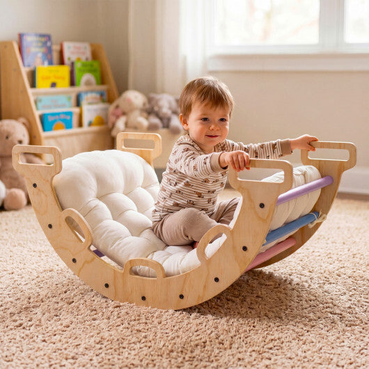 Wooden Rocking Climbing Arch with Cushion 3-in-1 Montessori Kids Climber Rocker-Multicolor W2B
