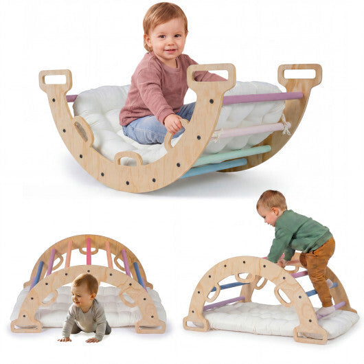 Wooden Rocking Climbing Arch with Cushion 3-in-1 Montessori Kids Climber Rocker-Multicolor W2B