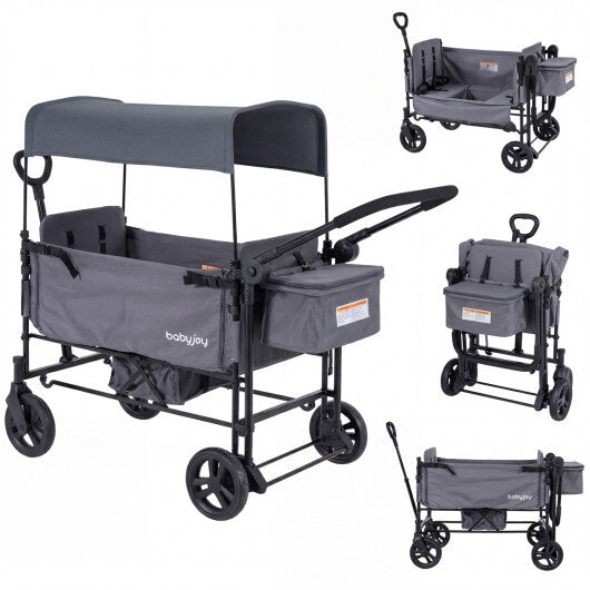 Foldable Wagon Stroller for 2 Kids with Removable Canopy and Adjustable Push Handle-Gray W2B