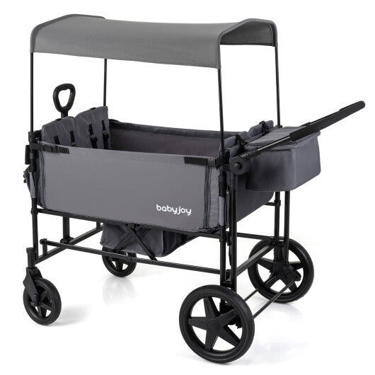 Foldable Wagon Stroller for 4 Kids with Removable Canopy and Adjustable Push-Gray W2B