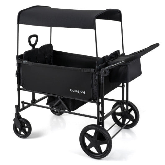 Foldable Wagon Stroller for 4 Kids with Removable Canopy and Adjustable Push-Gray W2B