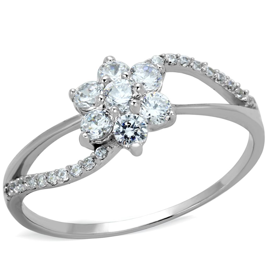 TS182 - Rhodium 925 Sterling Silver Ring with AAA Grade CZ  in Clear-4