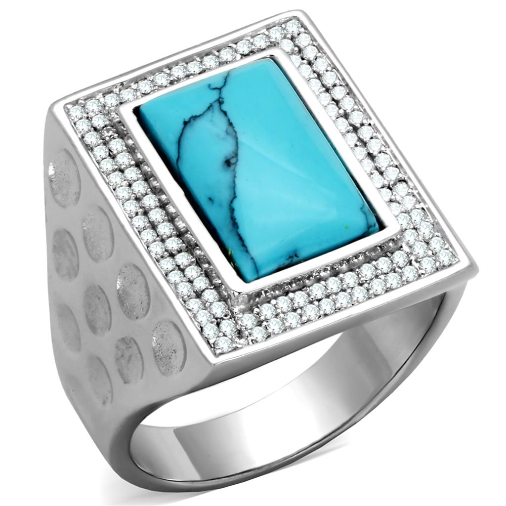 TS228 - Rhodium 925 Sterling Silver Ring with Synthetic Turquoise in Sea Blue Alamode