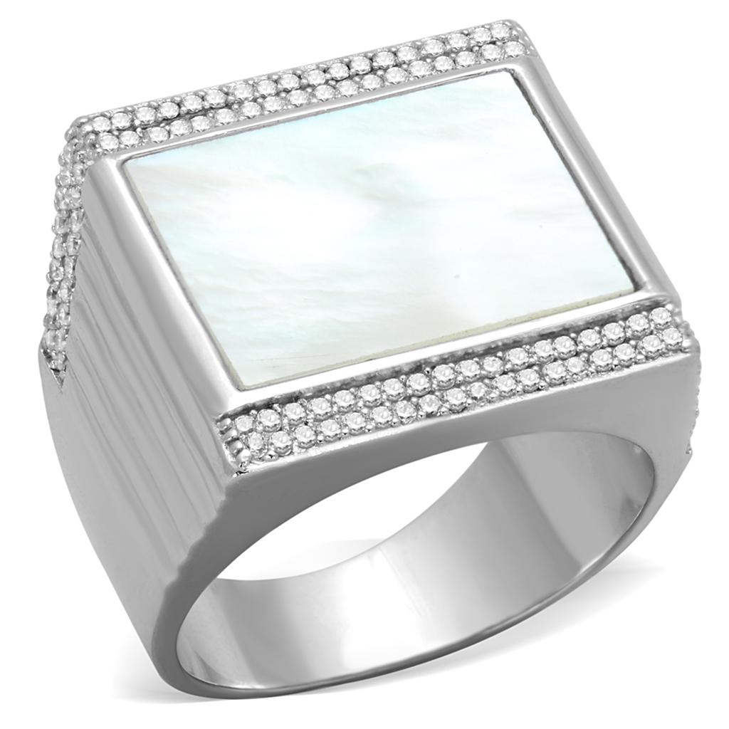 TS243 - Rhodium 925 Sterling Silver Ring with Precious Stone Conch in White Alamode
