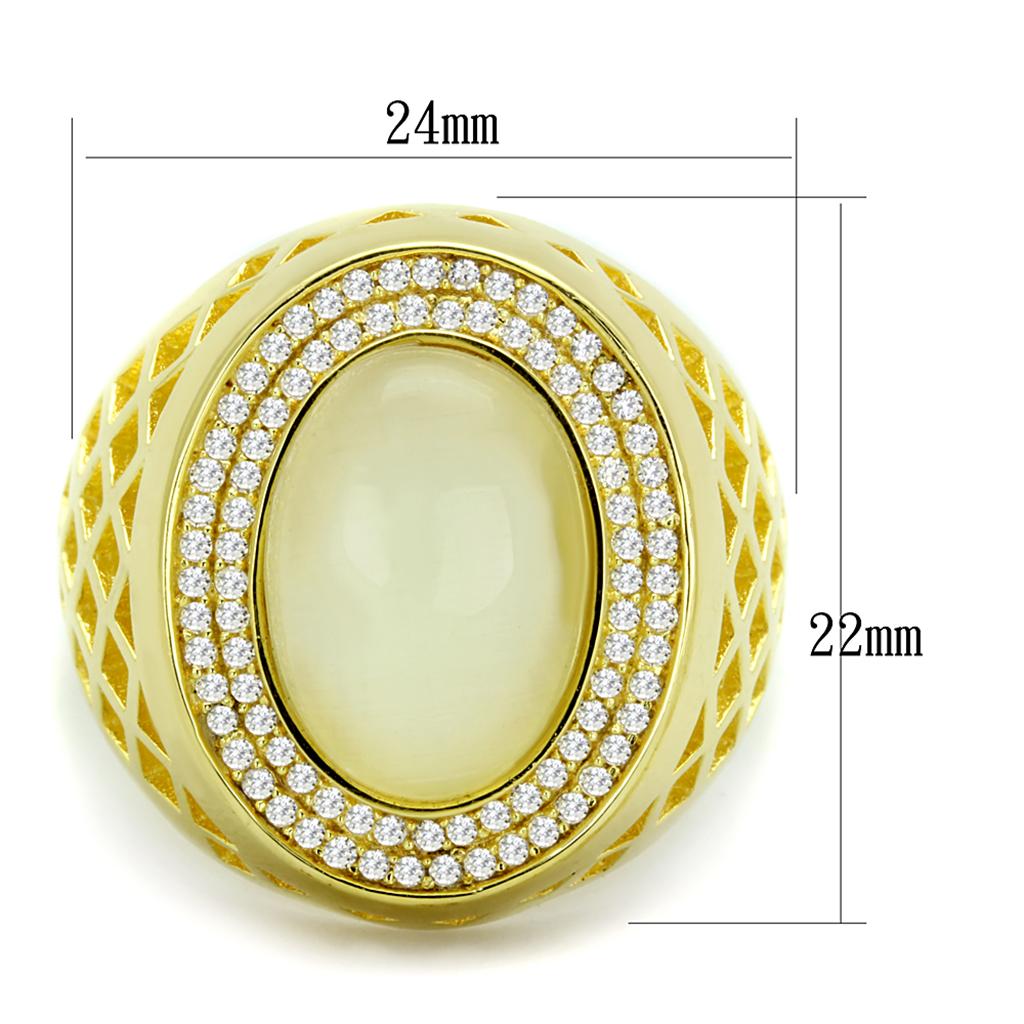 TS244 - Gold 925 Sterling Silver Ring with Synthetic Cat Eye in White Alamode
