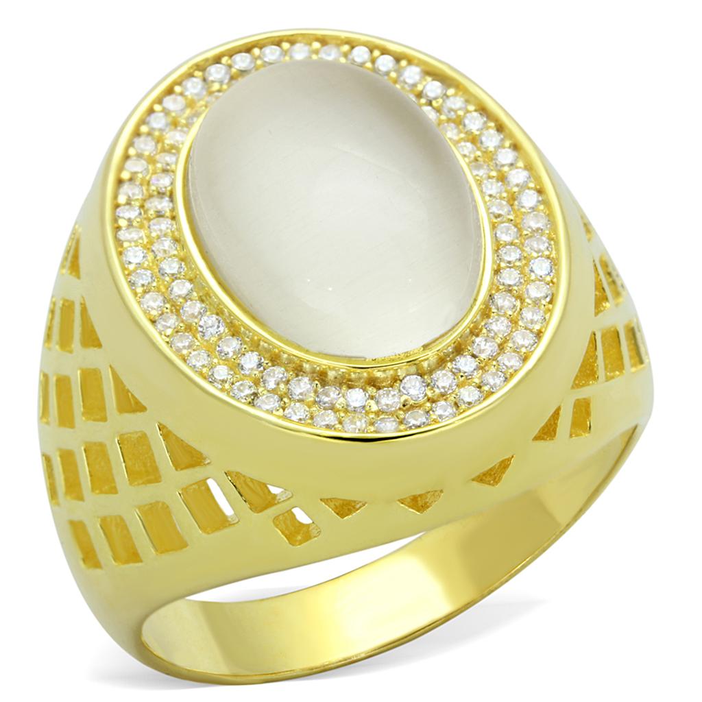 TS244 - Gold 925 Sterling Silver Ring with Synthetic Cat Eye in White Alamode