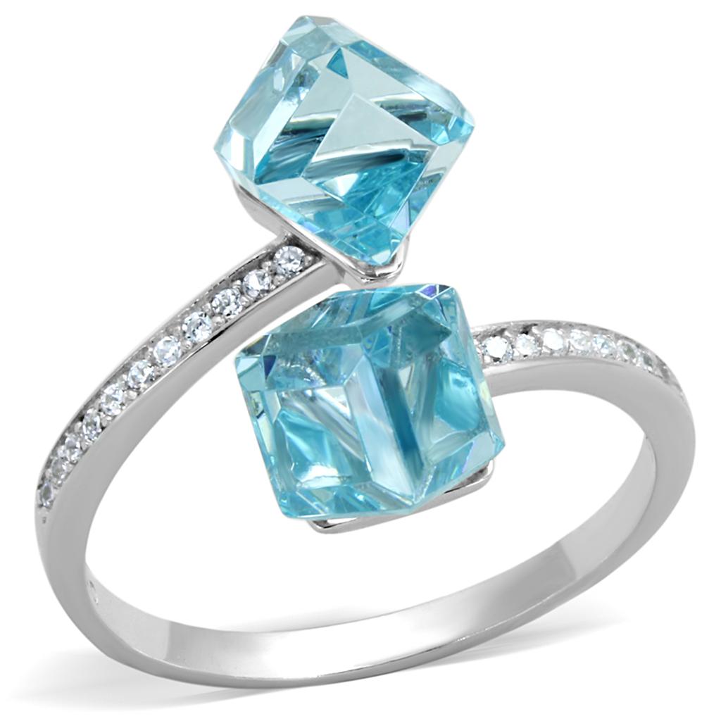 TS317 - Rhodium 925 Sterling Silver Ring with AAA Grade CZ  in Sea Blue Alamode