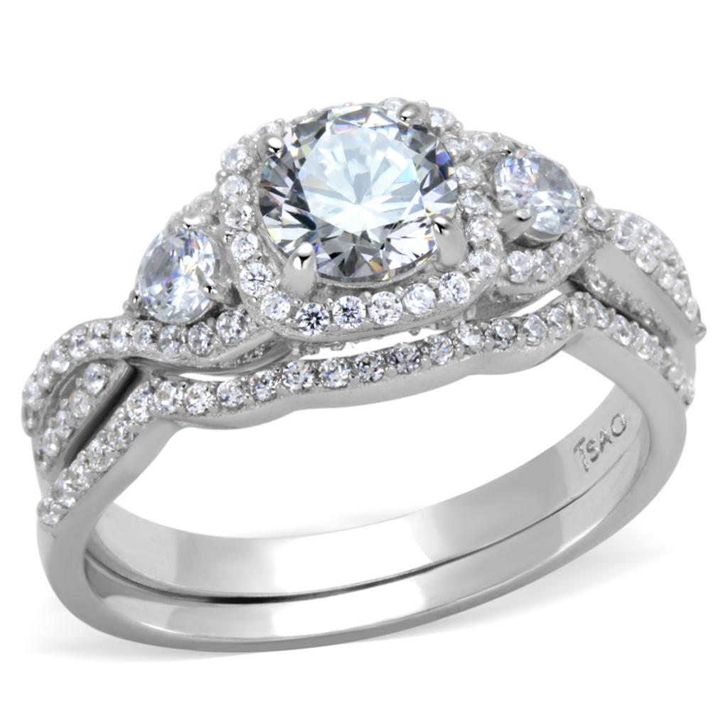 TS352 - Rhodium 925 Sterling Silver Ring with AAA Grade CZ  in Clear Alamode