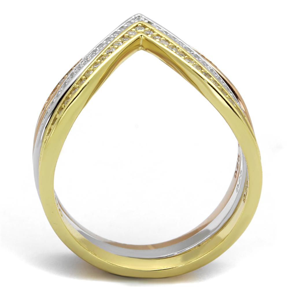TS416 - Rhodium + Gold + Rose Gold 925 Sterling Silver Ring with AAA Grade CZ  in Clear Alamode