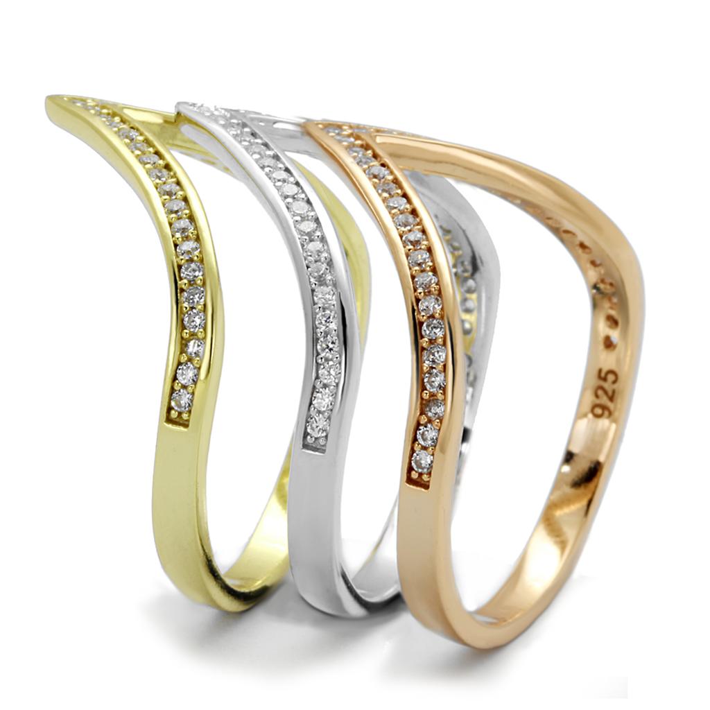 TS416 - Rhodium + Gold + Rose Gold 925 Sterling Silver Ring with AAA Grade CZ  in Clear Alamode