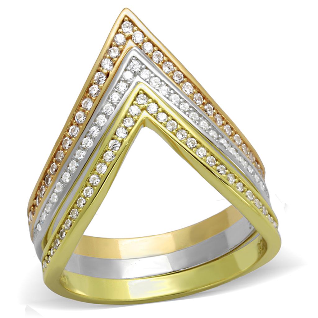 TS416 - Rhodium + Gold + Rose Gold 925 Sterling Silver Ring with AAA Grade CZ  in Clear Alamode