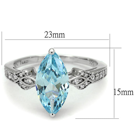TS502 - Rhodium 925 Sterling Silver Ring with AAA Grade CZ  in Sea Blue Alamode