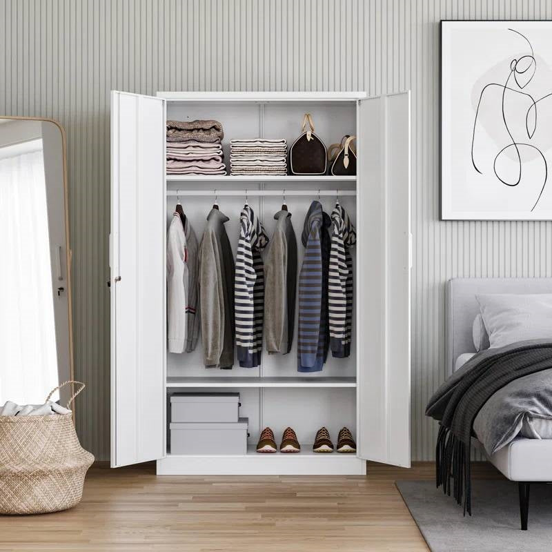 White Metal Locking Wardrobe Armoire Cabinet with Clothing Hanging Rod FastFurnishings