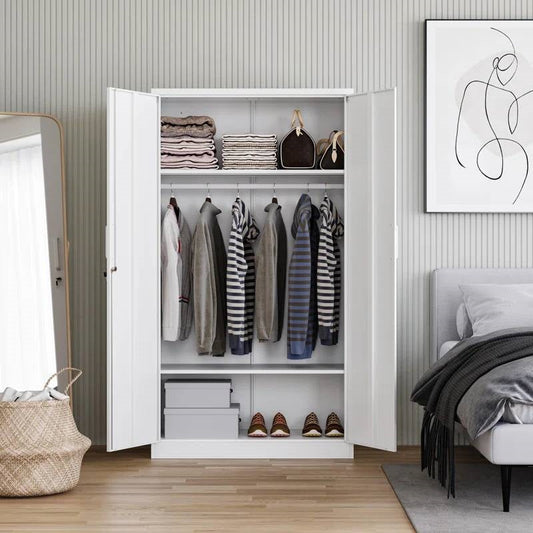 White Metal Locking Wardrobe Armoire Cabinet with Clothing Hanging Rod FastFurnishings