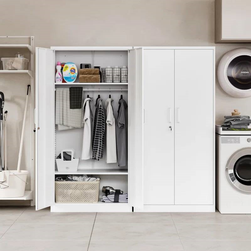 White Metal Locking Wardrobe Armoire Cabinet with Clothing Hanging Rod FastFurnishings