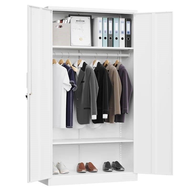 White Metal Locking Wardrobe Armoire Cabinet with Clothing Hanging Rod FastFurnishings