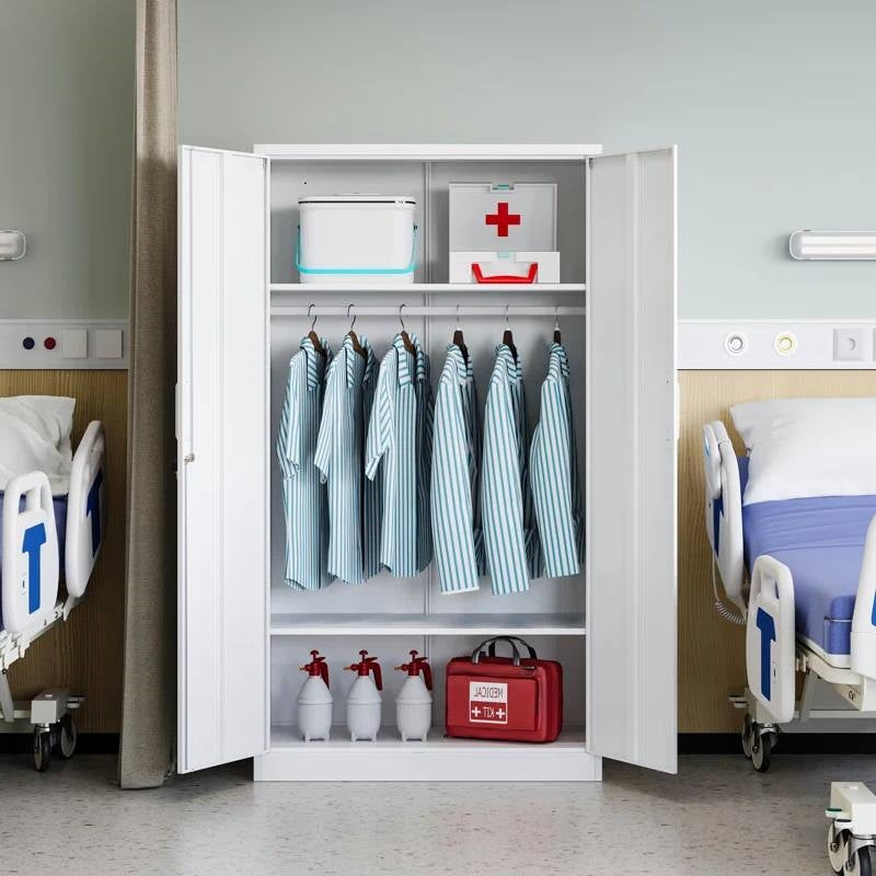 White Metal Locking Wardrobe Armoire Cabinet with Clothing Hanging Rod FastFurnishings