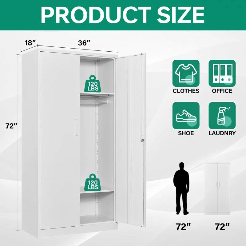 White Metal Locking Wardrobe Armoire Cabinet with Clothing Hanging Rod FastFurnishings