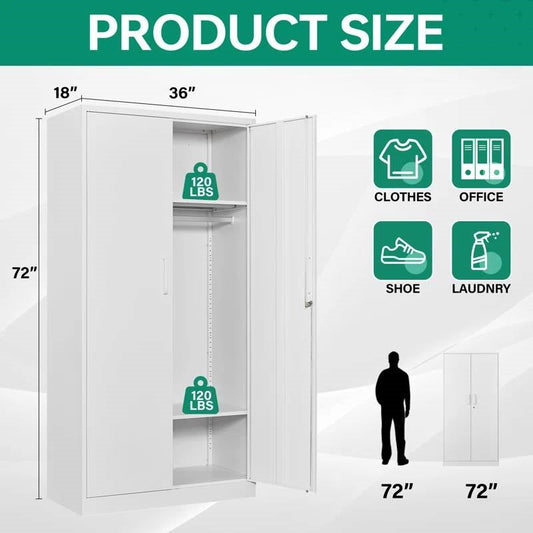 White Metal Locking Wardrobe Armoire Cabinet with Clothing Hanging Rod FastFurnishings