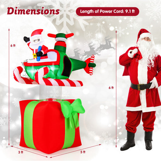 6 Feet Christmas Inflatables Blowup Santa Flying Airplane with with 3 LED Lights and Built-In Blower W2B