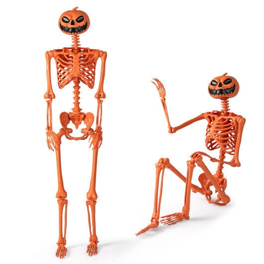 5.2 FT Orange Life-Size Poseable Halloween Skeleton with Pumpkin Head and Movable Joints W2B