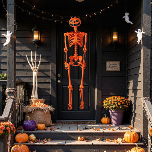 5.2 FT Orange Life-Size Poseable Halloween Skeleton with Pumpkin Head and Movable Joints W2B