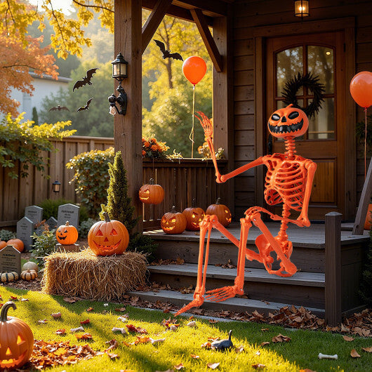 5.2 FT Orange Life-Size Poseable Halloween Skeleton with Pumpkin Head and Movable Joints W2B