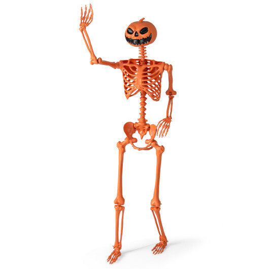5.2 FT Orange Life-Size Poseable Halloween Skeleton with Pumpkin Head and Movable Joints W2B