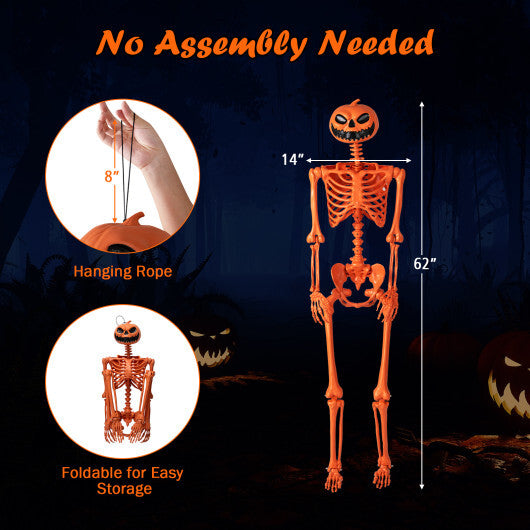 5.2 FT Orange Life-Size Poseable Halloween Skeleton with Pumpkin Head and Movable Joints W2B