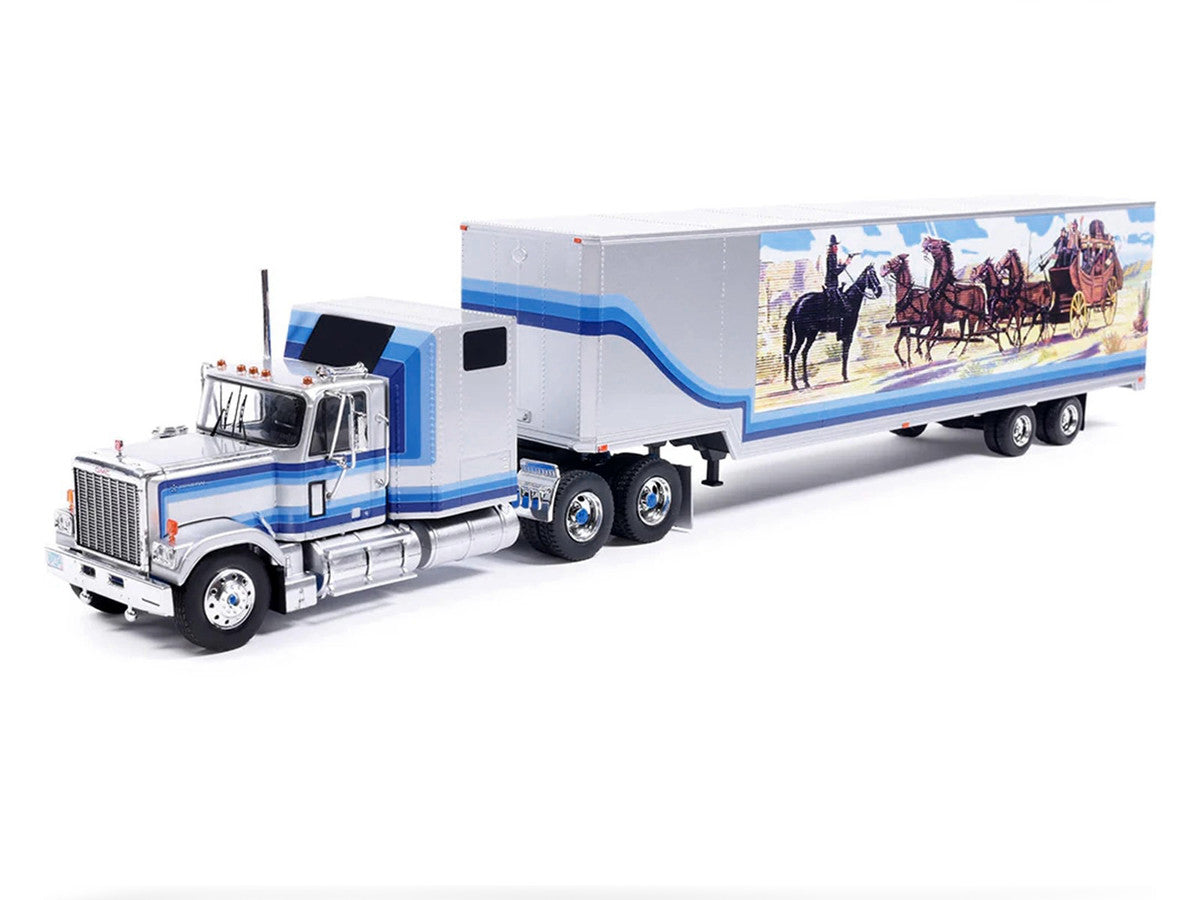 1980 GMC General Truck Tractor with Sleeper Cab and Trailer Silver Metallic with Blue Stripes 1/43 Diecast Model by IXO Models-2