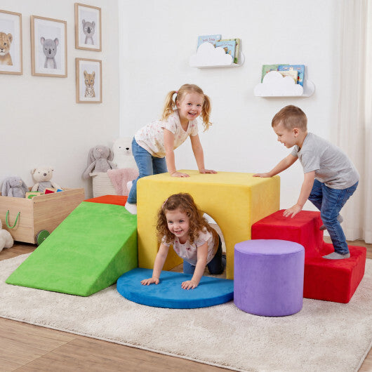 6 Pieces Foam Climbing Blocks for Kids with Slide and Tunnel-Gray W2B