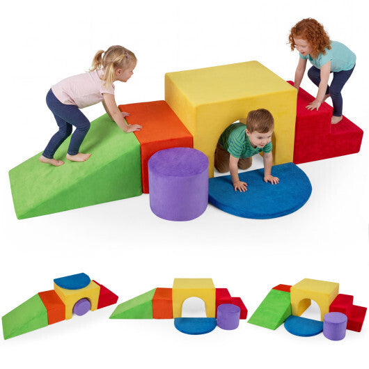 6 Pieces Foam Climbing Blocks for Kids with Slide and Tunnel-Gray W2B
