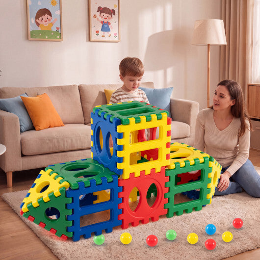 32-Piece Oversized Waffle Block Set with 10 Ocean Balls Easy-to-Use Grid Building Toys W2B
