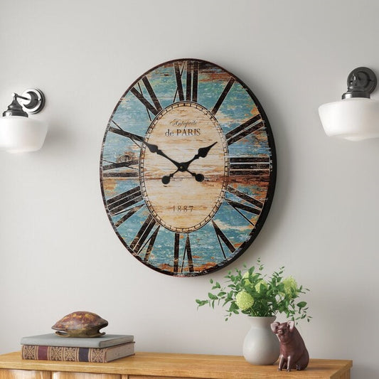 Turquoise Oversized Distressed Paris Wood Wall Clock FastFurnishings