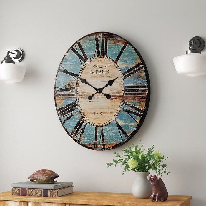 Turquoise Oversized Distressed Paris Wood Wall Clock Unbranded
