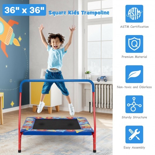 36 Inch Kids Indoor Outdoor Square Trampoline with Foamed Handrail-Blue W2B