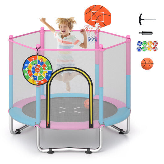 60 inch Kids Trampoline Toddler Recreational Trampoline with Basketball Hoop-Macaron W2B